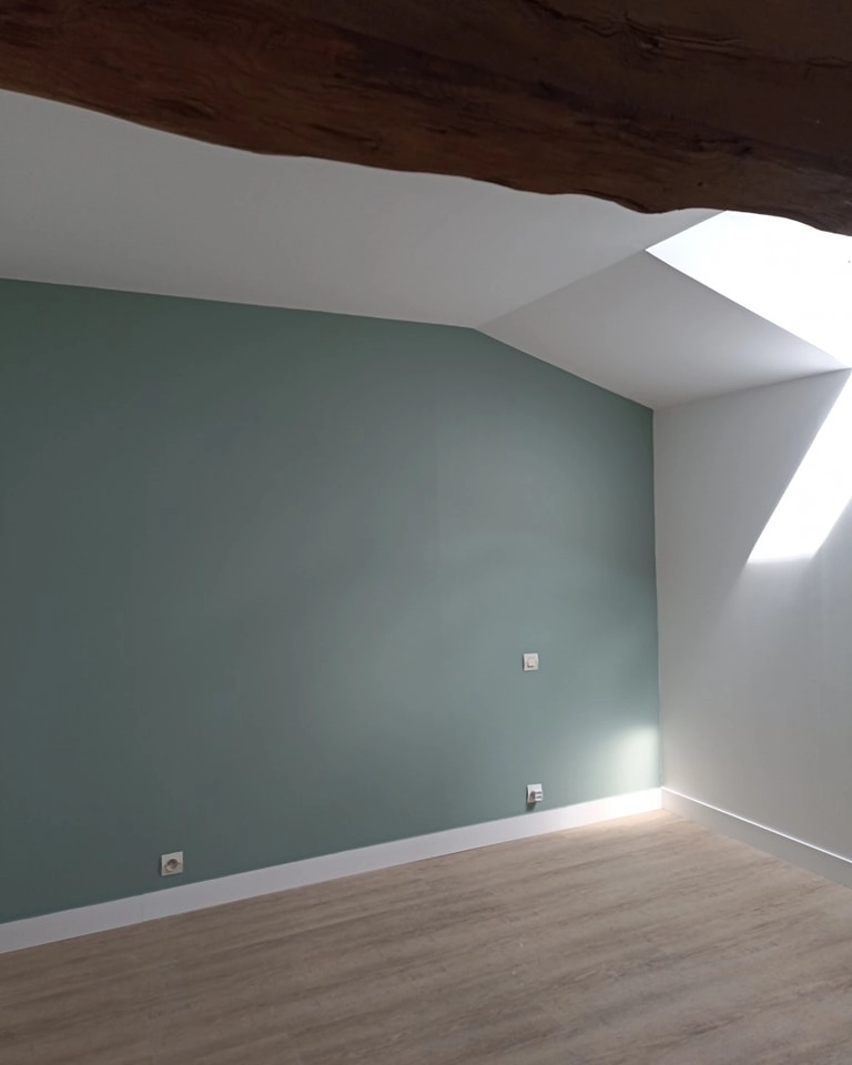 Peintre Cholet – chambre rénovée mur vert et plafond blanc – Ramboz Le Peintre
