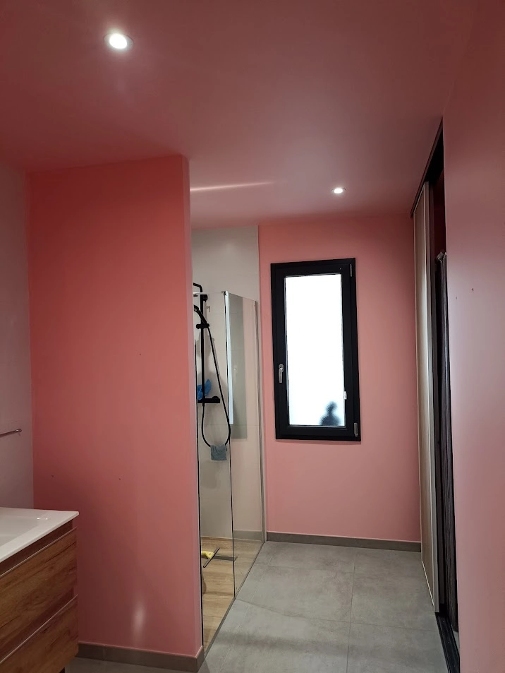 Rénovation de peinture dans une salle de bain moderne par Ramboz Le Peintre. Les murs et le plafond sont peints dans une nuance rose corail vive, contrastant avec le carrelage de sol gris, la douche à l'italienne vitrée et le meuble vasque en bois.